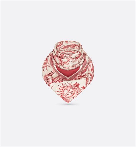 Toile de Jouy Soleil 90 Square Scarf White and Red Silk Twill